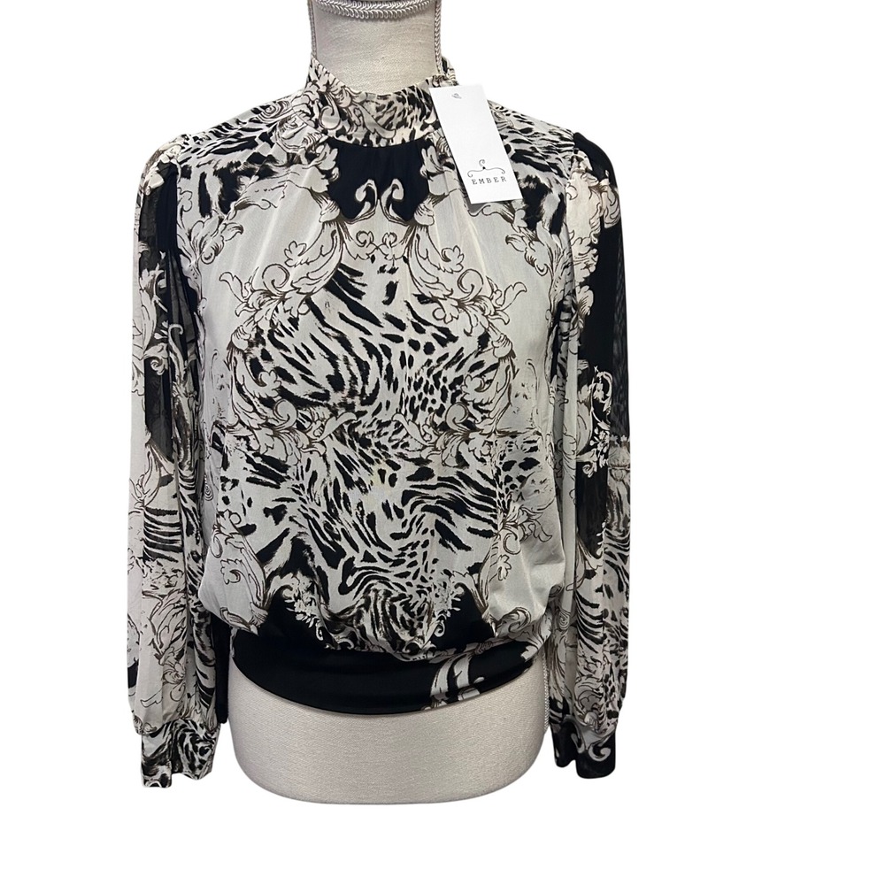 Ember Black White Blouse Feminine Tie Waist Long Sleeve Women's Large New Animal